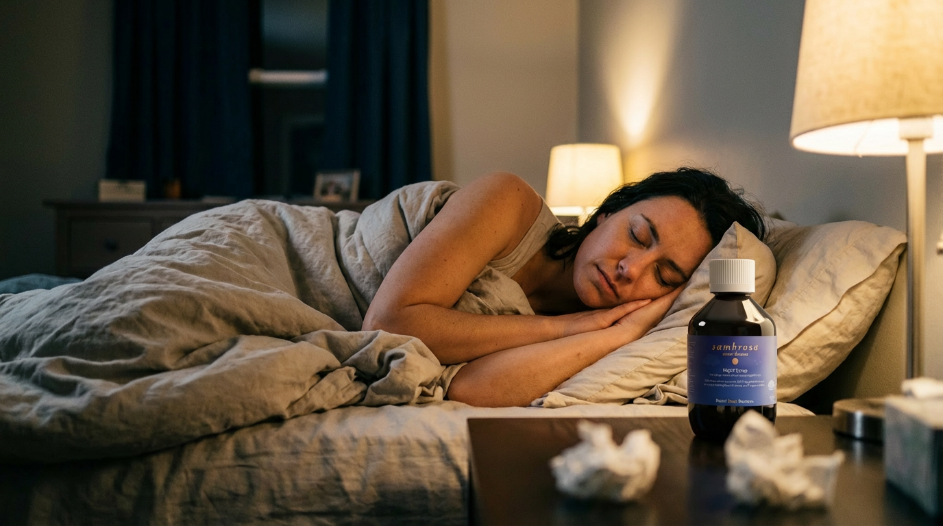 Woman resting peacefully with Sambrosa bottle on nightstand
