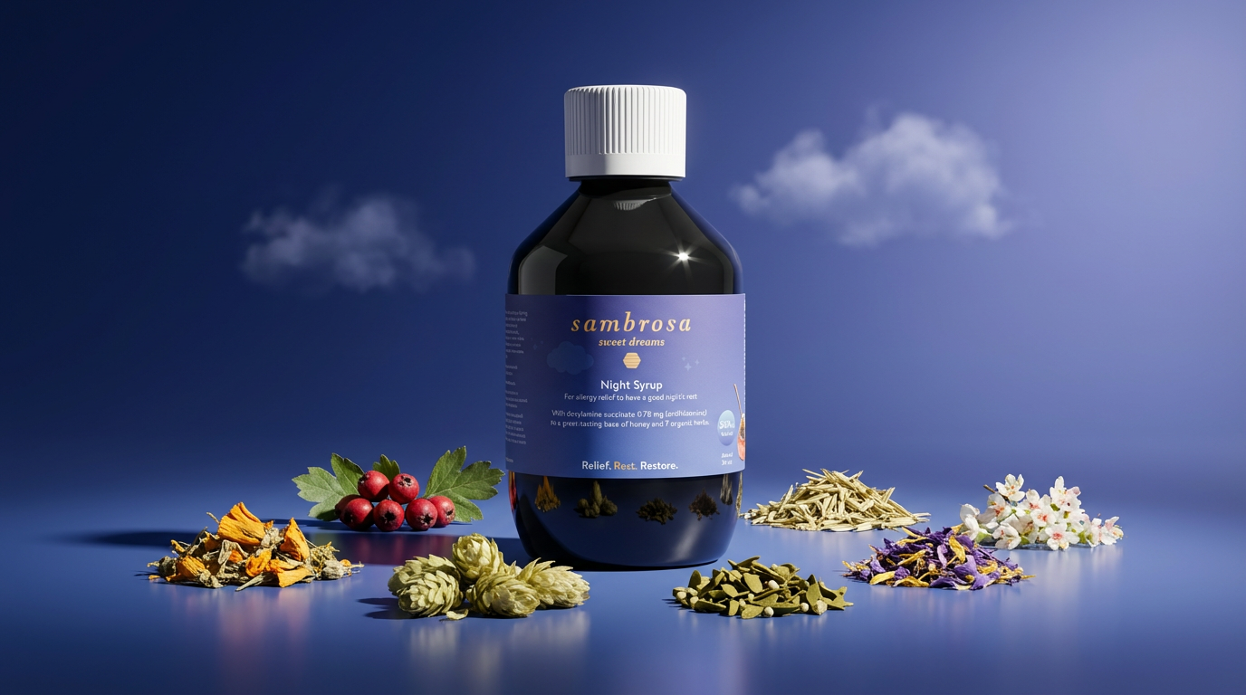 Sambrosa Night Syrup bottle surrounded by organic herbs and honey